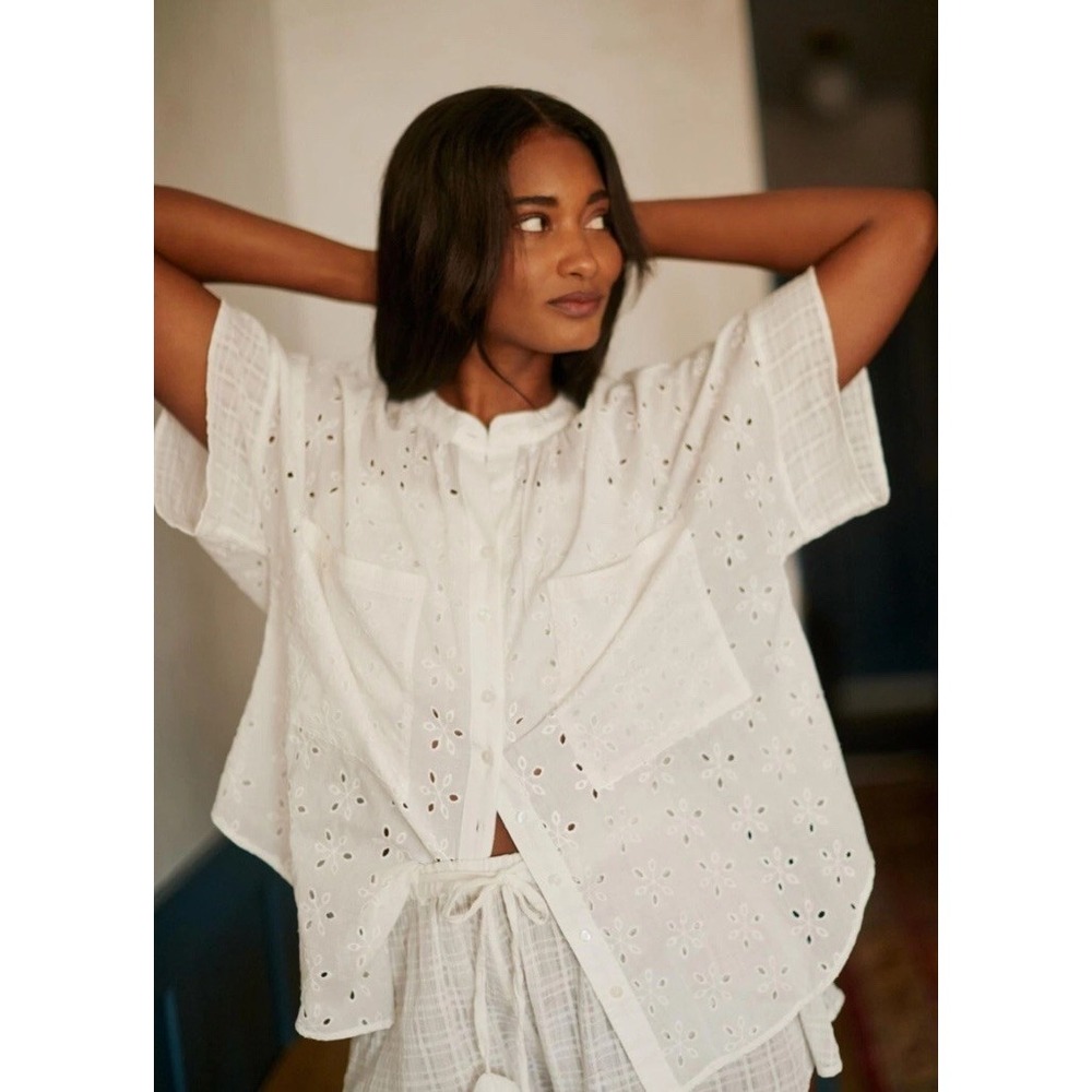 Anthropologie Eyelet Embroidered Top Button Women 1X Short Sleeve Oversize White
